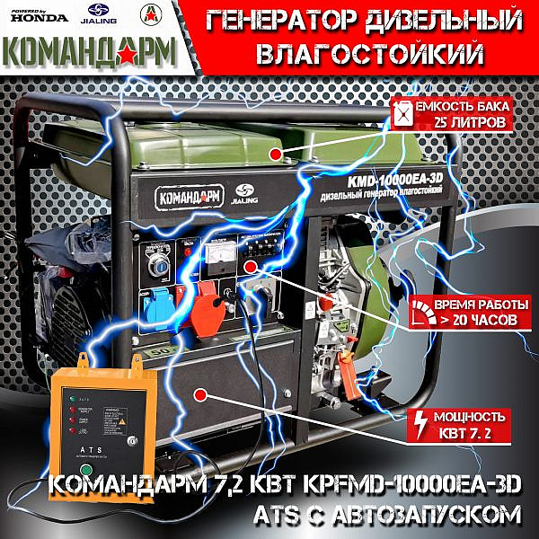 Фото 80 - Дизельный генератор Командарм 7,2 кВт KMD-10000EA-3D ATS с автозапуском.